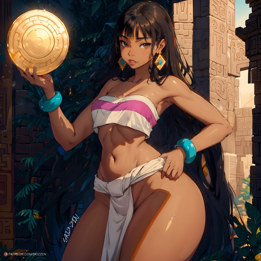 ai_generated black_eyes black_hair brown_skin chel chel_(the_road_to_el_dorado) dark-skinned_female earrings gold_(metal) hand_on_hip long_hair mesoamerican midriff native_american presenting sash skizzen strapless the_road_to_el_dorado thick_thighs thighs tubetop wide_hips