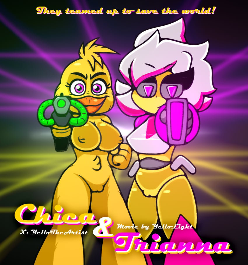 2girls 80's_theme chica_(chica_in_space) chica_(fnaf) crossover female_only five_nights_at_freddy's fnaf freddy_in_space_3 geometry_dash gun laser_gun looking_at_viewer movie_poster multiple_girls retro_trianna_(yellolight) robot robot_girl text trianna_(yellolight) video_games yellolight