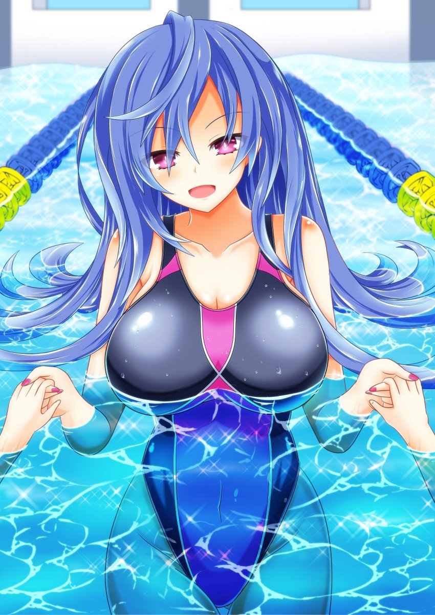 1boy 1girls bare_shoulders big_breasts blush front_view goddess holding_hands iris_heart kyou light-skinned_female long_hair looking_at_viewer neptunia_(series) open_mouth pink_eyes plutia pool pov purple_hair smile swimsuit