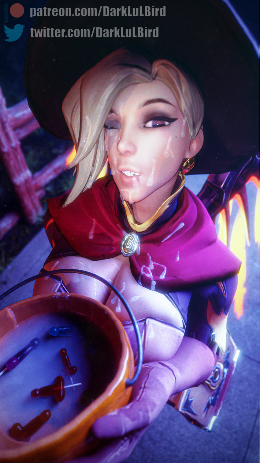 1female 1girls 3d 3d_(artwork) angela_ziegler big_breasts blizzard_entertainment blonde_female blonde_hair blonde_hair_female boob_window breast_squish breasts breasts_squeezed_together bukkake cum cum_bowl cum_covered cum_drip cum_in_bowl cum_in_container cum_in_eye cum_on_body cum_on_breasts cum_on_face darklulbird female female_focus female_only halloween large_breasts light-skinned_female light_hair light_skin looking_at_viewer mercy one_eye_closed overwatch overwatch_2 short_hair trick_or_treat witch_mercy
