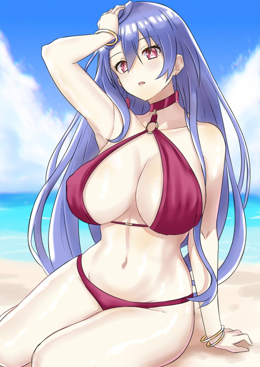 arm_up armpit beach big_breasts bikini boob_window cleavage front_view goddess iris_heart light-skinned_female long_hair looking_at_viewer neptunia_(series) open_mouth pink_eyes plutia purple_hair sitting solo zatsu