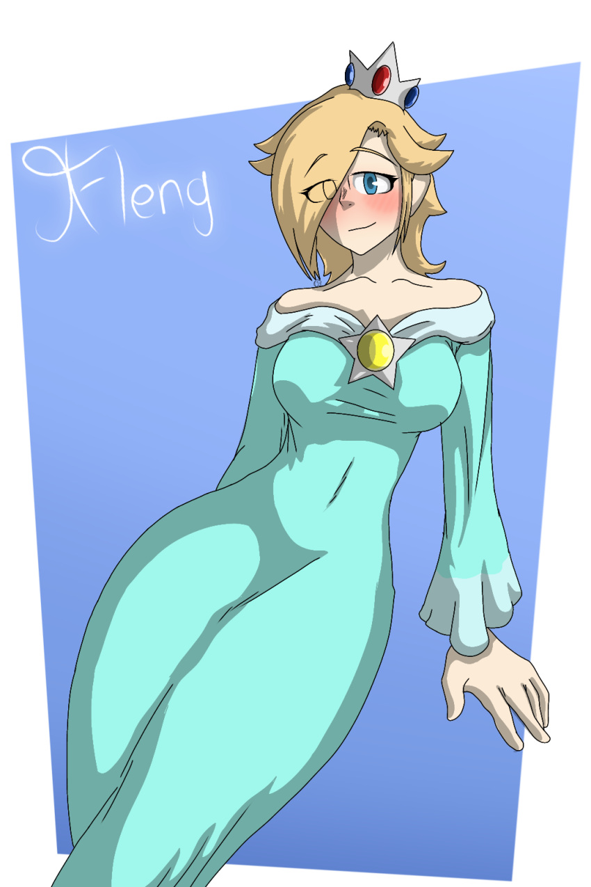 1girls blonde_hair blue_background blue_eyes blush breasts clothing dress female female_only gown jfleng looking_at_viewer mario_(series) png princess_dress princess_rosalina simple_background solo super_mario_galaxy thick thick_hips thick_legs thick_thighs thighs white_border