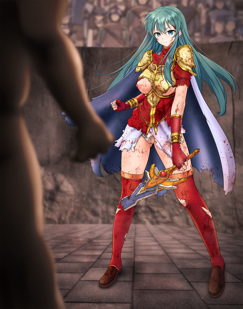 1boy 1girls aqua_eyes aqua_hair arena armor ass_visible_through_thighs bangs bare_thighs blood blurry boots breastplate breasts breasts_out broken_armor broken_sword broken_weapon cape commentary_request defeated depth_of_field earrings eirika_(fire_emblem) elbow_gloves exposed_breasts female female_focus female_pubic_hair fingerless_gloves fire_emblem fire_emblem:_the_sacred_stones frown gloves highres humiliation jewelry long_hair male medium_breasts miniskirt nintendo nipples one_breast_out partial_commentary pubic_hair public pussy red_gloves red_shirt red_thighhighs sakurein shirt short_sleeves shoulder_armor skirt solo_focus sword thigh_boots thighhighs thighs torn_clothes underboob very_long_hair weapon white_cape white_skirt zettai_ryouiki