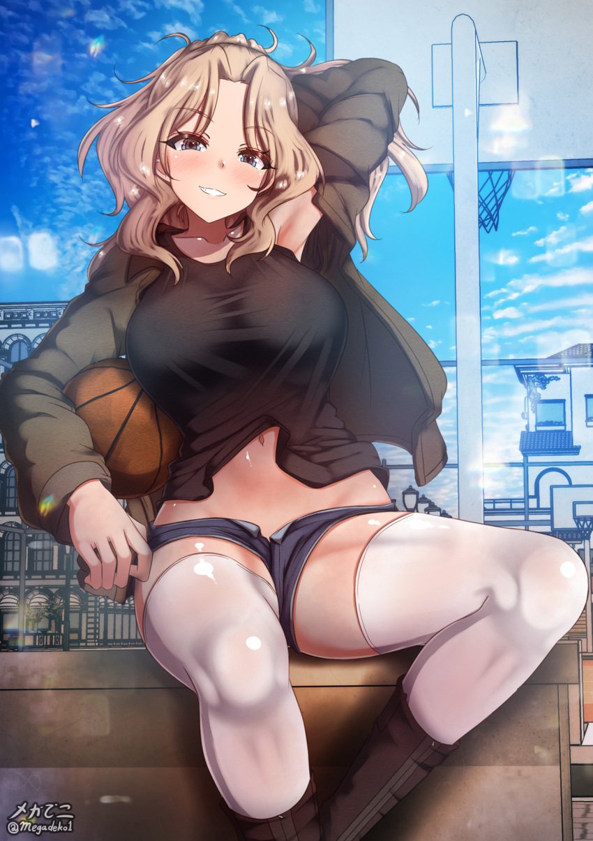 aquaegg basketball_(object) black_shirt blonde_hair blue_eyes blue_shorts blush breasts female girls_und_panzer grin kay_(girls_und_panzer) large_breasts long_hair military_uniform navel outdoors saunders_military_uniform shorts solo uniform white_thighhighs