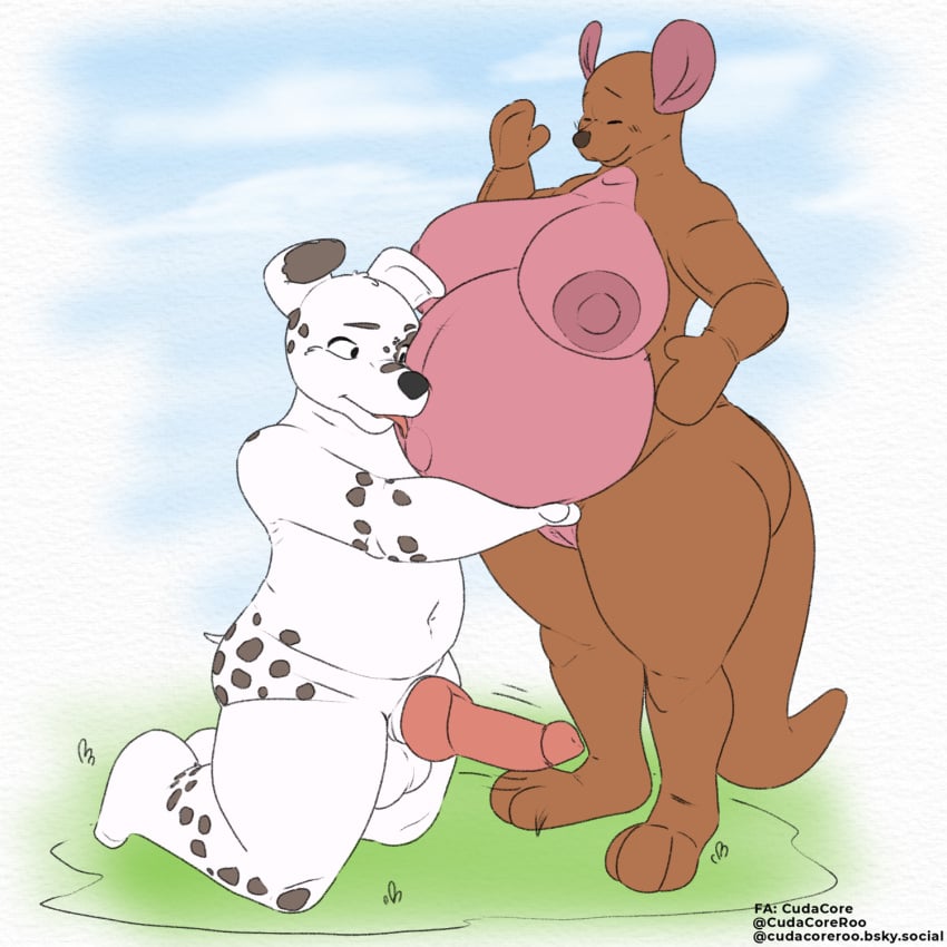 balls belly belly_licking big_belly big_breasts breasts canid canine canis cudacore dalmatian disney domestic_dog erection female genitals hi_res kanga kangaroo knot macropod male mammal marsupial navel nipples outie_navel pascal_(cudacore) penis pregnant pussy throbbing winnie_the_pooh_(franchise)