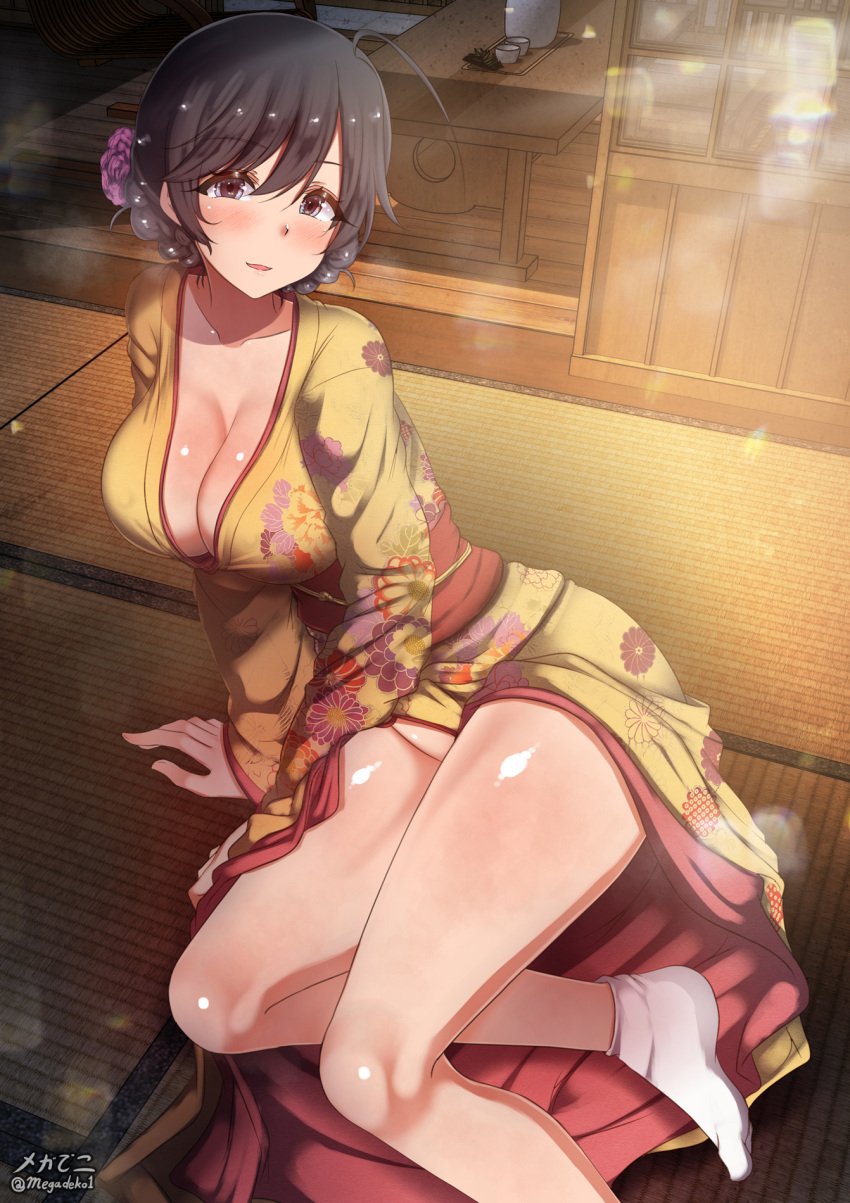 ahoge aquaegg black_hair blue_eyes blush braid breasts cleavage female girls_und_panzer indoors isuzu_hana kimono large_breasts looking_at_viewer no_bra no_panties open_mouth smile solo