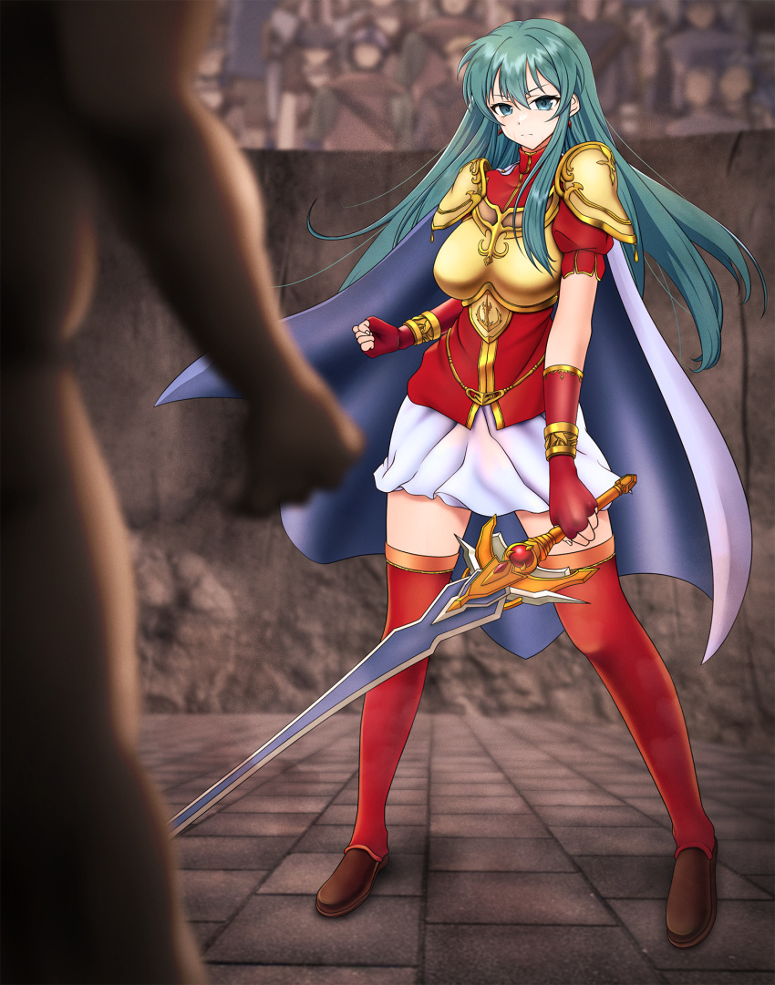 1boy 1girls aqua_eyes aqua_hair arena armor bangs bare_thighs blurry boots breastplate breasts cape commentary_request depth_of_field earrings eirika_(fire_emblem) elbow_gloves female female_focus fingerless_gloves fire_emblem fire_emblem:_the_sacred_stones frown gloves highres jewelry long_hair male medium_breasts miniskirt nintendo partial_commentary public red_gloves red_shirt red_thighhighs sakurein shirt short_sleeves shoulder_armor skirt solo_focus sword thigh_boots thighhighs thighs very_long_hair weapon white_cape white_skirt zettai_ryouiki