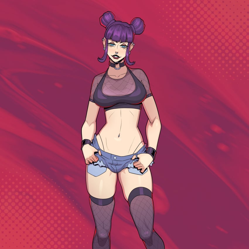 bare_midriff big_breasts blue_eyes bracelet breasts busty crop_top daisy_dukes denim_shorts ear_piercing earrings eva_(naughtycomix) eyeshadow female female_focus female_only fishnet fishnet_legwear fishnet_stockings fishnets g-string goth goth_girl hourglass_figure jean_shorts legwear lipstick long_hair makeup naughtycomix navel navel_piercing nose_piercing pale-skinned_female pale_skin pinup pinup_pose purple_hair run_666 septum_piercing stockings tagme tied_hair wide_hips