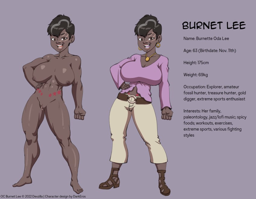 athletic_female big_breasts burnet_lee_(devinsaurus) character_sheet dark-skinned_female darkeros13 female gilf gmilf grandmother silver_vixen tattoo tattoo_on_belly tattoos text thedarkeros