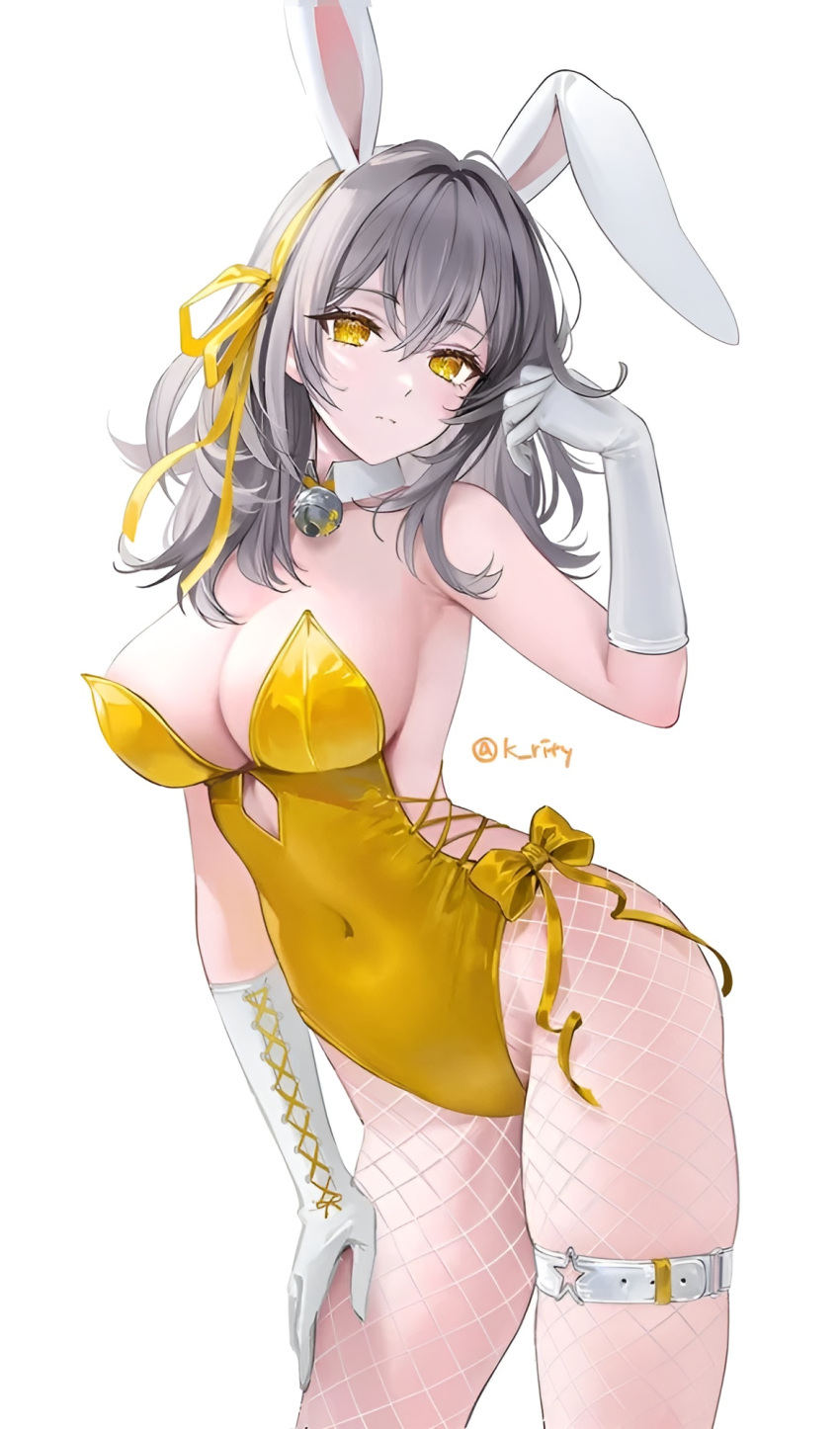 bell big_breasts bow bunny_ears bunny_girl bunnysuit detached_collar elbow_gloves female fishnets gloves gold_clothing honkai:_star_rail k_rity_(twitter) leotard looking_at_viewer rity stelle_(honkai:_star_rail) tagme thigh_strap