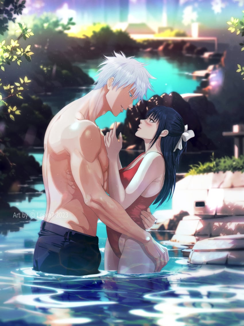 1boy 1girls beautiful_background blue_eyes eye_contact female hand_on_ass hand_on_butt hand_on_waist in_water jujutsu_kaisen lesya7 looking_at_partner male male/female muscles muscular muscular_male one_piece_swimsuit outdoors outside romantic satoru_gojo shirtless straight suggestive summer swimwear utahime_iori water white_hair wholesome