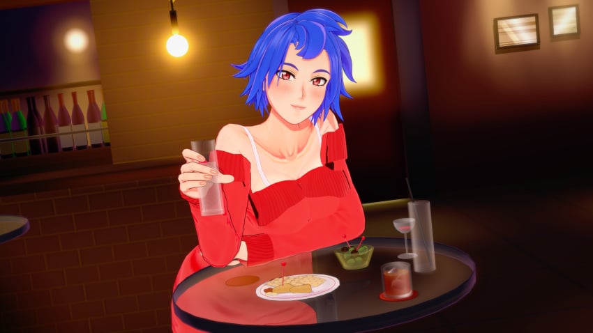 1girls 3d blue_hair brown_eyes date dinner_date emily_(stardew_valley) hagiwara_studio looking_at_viewer pov pov_eye_contact red_dress restaurant romantic smile smiling_at_viewer stardew_valley