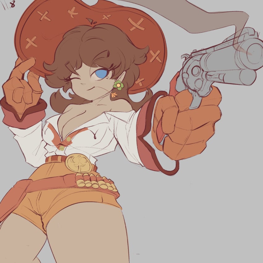 1girls belt belt_buckle big_breasts blue_eyes brown_hair bullet busty cleavage cowboy_hat cowgirl cowgirl_outfit gloves gun large_breasts line_art mario_(series) open_shirt princess_daisy revolver shorts smoking_gun soldart thick_thighs thick_thighs_save_lives thighs voluptuous wheat_in_mouth wink winking winking_at_viewer work_in_progress