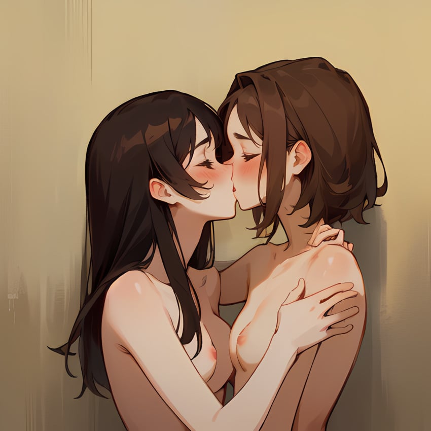 2girls ai_generated blush brown_eyes brown_hair brunette_hair completely_nude deep_blush female_only incest jayzaki kissing love medium_breasts original passionate romantic self_upload sister sisters stable_diffusion standing young yuri