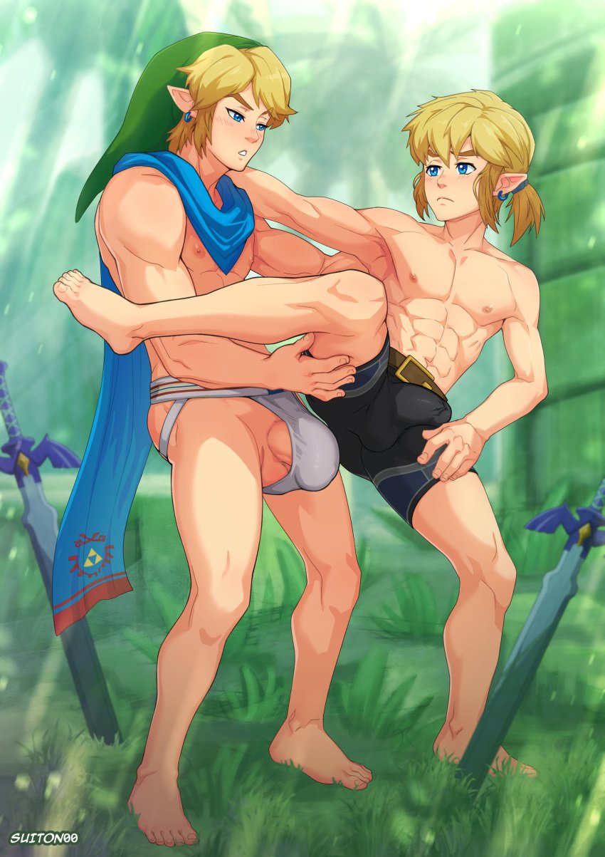 2023 2boys abs absurd_res alternate_version_available blonde_hair breath_of_the_wild bulge clothing duo elf gay genitals grass hair hi_res humanoid humanoid_on_humanoid humanoid_pointy_ears hylian hyrule_warriors light_body light_skin link link_(breath_of_the_wild) link_(hyrule_warriors) linkcest male male/male master_sword melee_weapon muscular muscular_humanoid muscular_male nintendo nipples palm_tree penis plant selfcest signature square_crossover suiton sword the_legend_of_zelda tree weapon