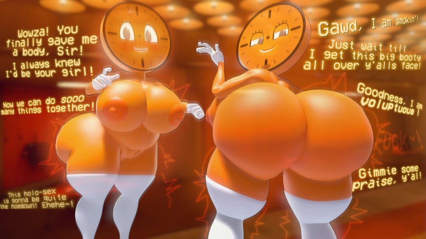 3d 3d_(artwork) animate_inanimate ass ass_focus big_breasts big_pussy blush cartoony clock dialog dialogue excited fat_pussy gloves hologram horny huge_ass lewdwithlogan loki_(series) marvel miss_minutes mostly_nude orange_areola orange_body profanity pussy rubberhose sfm smile smiling source_filmmaker southern southern_accent stockings stomach swearing text thick_ass thick_thighs time_variance_authority toony tummy white_eyes white_gloves white_stockings wide_hips