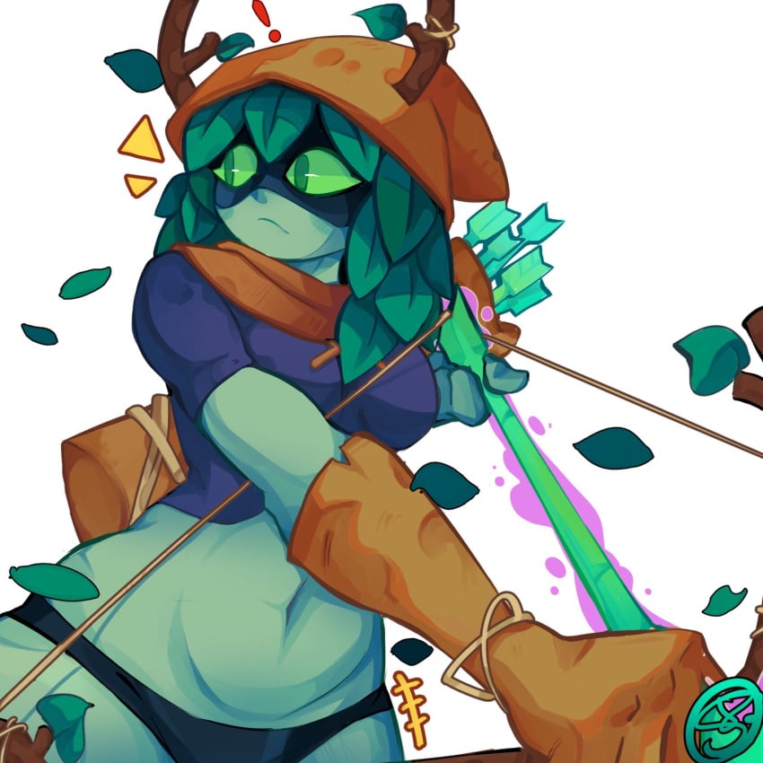 adventure_time arrows artist_signature black_panties black_underwear blue_topwear bottomless cartoon_network crop_top deer_horns exclamation exclamation_point falling_leaves gloves green_eyes green_hair green_skin hood horns huntress_wizard leather_gloves looking_away looking_back mask no_pants panties quiver scarf soldart top underwear white_background