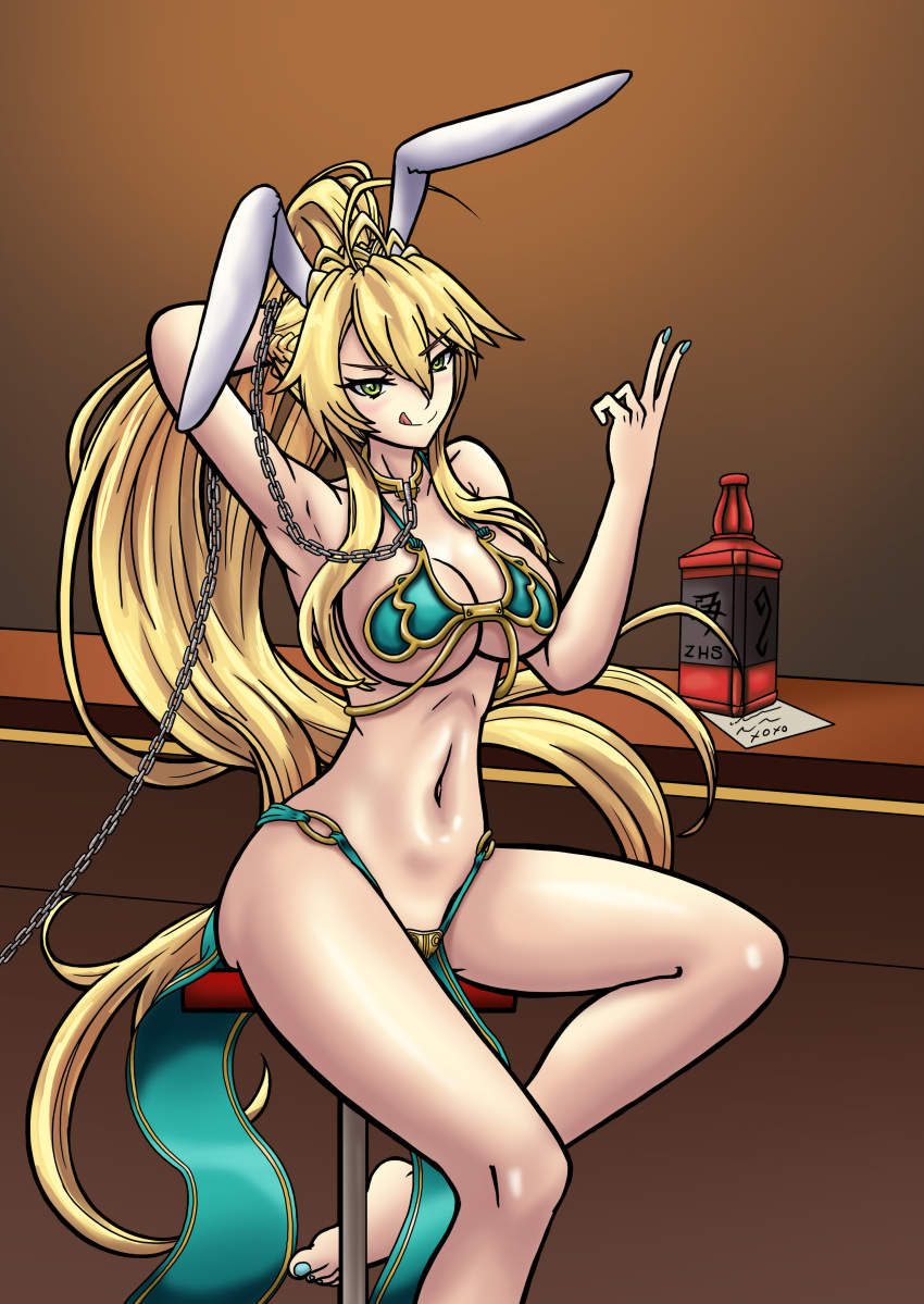 1girls alcohol alcohol_bottles aqua_bikini aqua_bikini_top aqua_loincloth aqua_nail_polish aqua_nails artoria_pendragon_(fate) bare_arms bare_legs bare_midriff bare_shoulders bare_thighs barefoot belly_button bikini bikini_top blonde_hair bunny_ears chain_leash chained_collar chains cleavage collar collar_and_leash fate/grand_order fate_(series) female female_focus female_only femsub gold_collar golden_collar green_eyes happy_female happy_sub leash leash_and_collar leashed_collar loincloth long_hair long_ponytail metal_collar midriff navel ponytail revealing_clothes sex_slave skimpy_clothes slave slave_bikini slave_collar slave_leia_(cosplay) slave_outfit slavegirl sole_female solo_female submissive submissive_female thick_thighs tongue tongue_out willing_sub zarohidehire