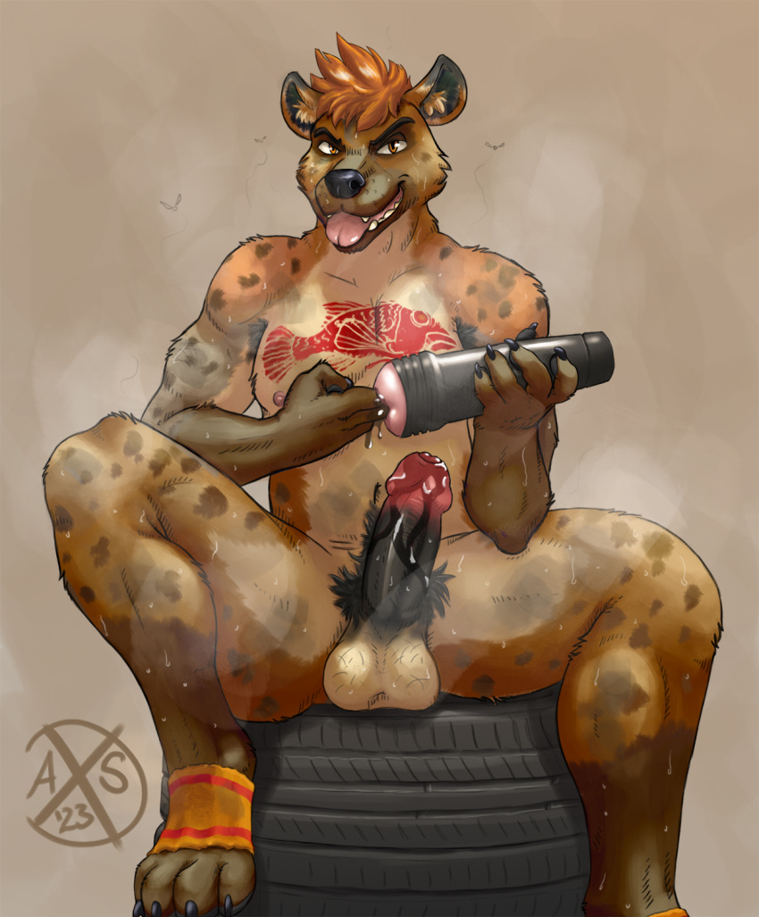 alphasabre anthro armpit_hair balls bodily_fluids body_hair chest_tattoo dirty erection fangs fur genital_fluids genitals hair hi_res hyena male mammal muscular muscular_male musk musk_clouds nude penetrable_sex_toy penis precum pubes sex_toy sitting solo spread_legs spreading steam sweat tattoo teeth tongue tongue_out