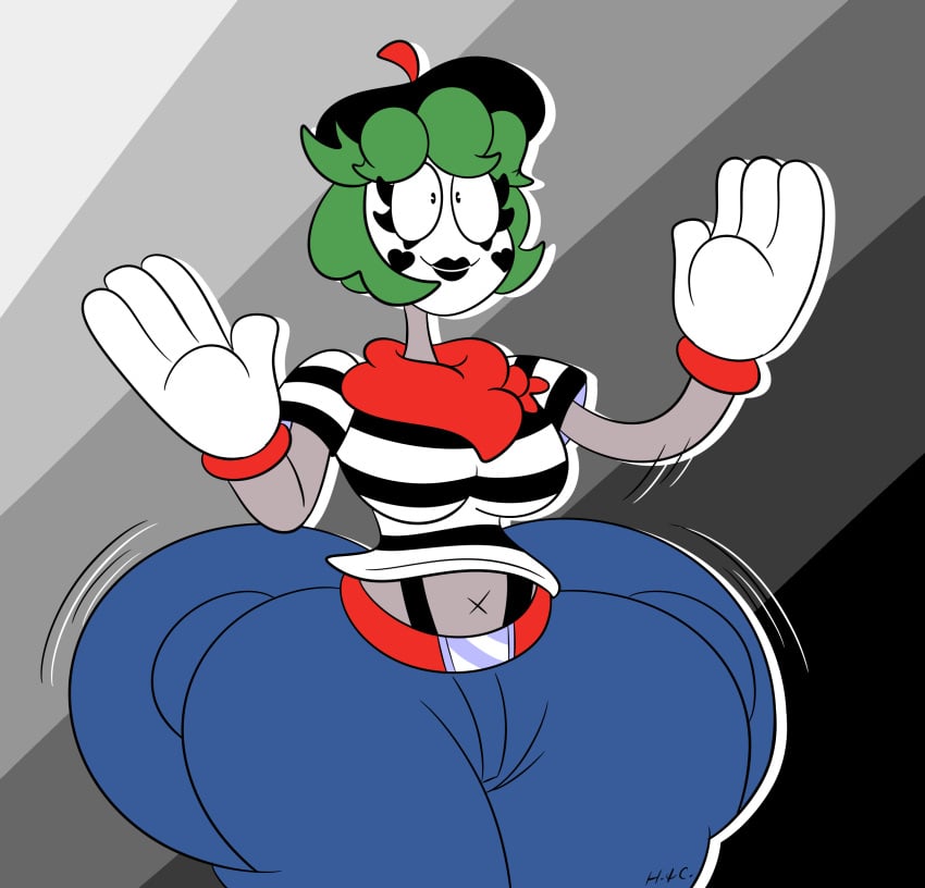 1girls 4_fingers ass big_ass big_butt black_lipstick bubble_ass bubble_butt cartoony female female_only gloves grayscale_(dusktodusk94) green_hair hauntedcactus mime mime_girl original_character solo thick_thighs wide_hips