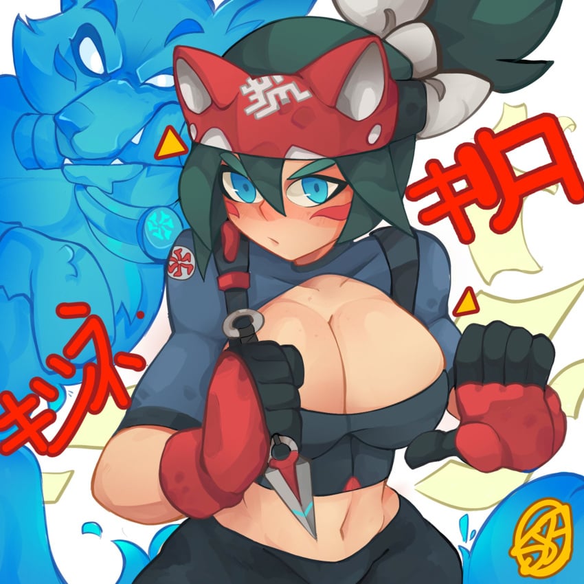 1:1 1:1_aspect_ratio abs animal_ears artist_signature blizzard_entertainment blue_eyes blush blushing breasts cat_ears cleavage covered_nipples female female_only fingerless_gloves food gloves green_hair heart holding_weapon japanese_text kiriko_(overwatch) kiriko_kamori knife large_breasts looking_at_viewer nipple_bulge orange_eyes overwatch overwatch_2 pants ponytail soldart solo solo_female sports_bra taut_clothes thick_thighs thighs tight_clothes tight_pants toned two-tone_pants weapon white_background