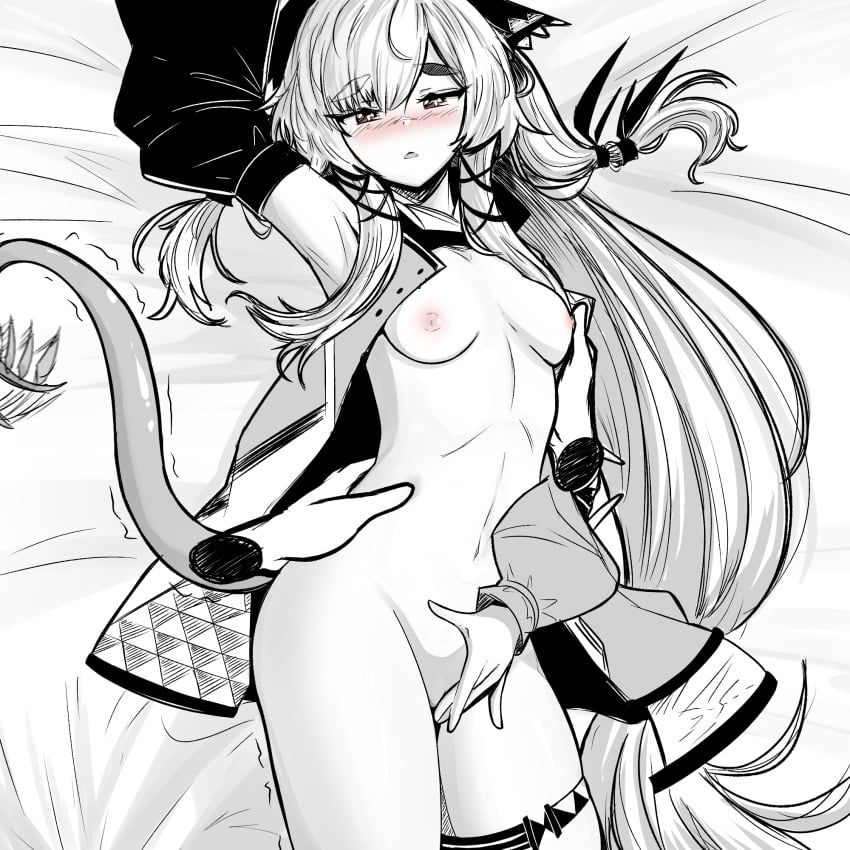 arknights arm_up bee_(user_cwsv3353) blush breasts covering covering_crotch cowboy_shot detached_sleeves disembodied_limb female greyscale half-closed_eyes highres jacket long_hair looking_at_viewer lying monochrome nipples nude on_back on_bed open_clothes open_jacket pussy pussy_peek sleeveless sleeveless_jacket small_breasts solo spot_color tail torso_grab trembling triangle_mouth weedy_(arknights)