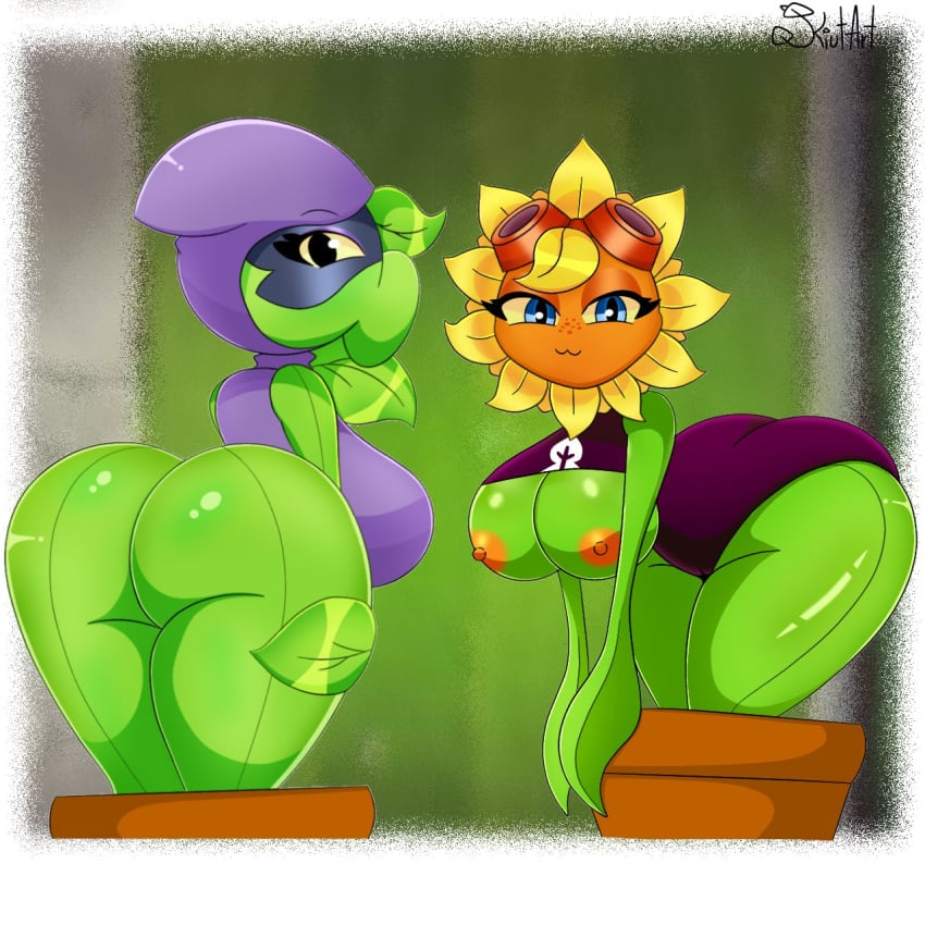 :>= big_ass big_breasts bottomless breasts_out clothed female female_only green_shadow_(pvz) kiut_arts no_bra peashooter_(pvz) plantie plants_vs_zombies sideass solar_flare_(pvz) sunflower_(pvz) tagme topwear