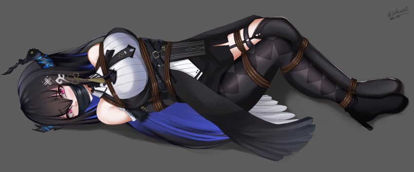 1girls black_hair blue_hair bondage bound dress gag gagged heels hi_res hololive hololive_english hololive_english_-advent- horn long_hair lying nerissa_ravencroft red_eyes restrained rope rope_bondage solo stockings sufawest tape tape_gag tied tied_up virtual_youtuber vtuber