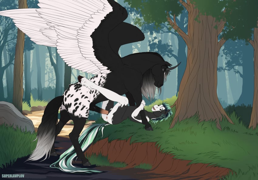 alicorn alterion_(alter) animal_genitalia animal_penis anthro anthro_on_feral anthro_penetrated anus black_body black_fur duo equid equine equine_anus equine_genitalia equine_penis feathered_wings feathers female feral feral_penetrating feral_penetrating_anthro forest fur genitals hair hi_res hooves horn legs_up lying male mammal nature on_back outside penetration penile penile_penetration penis penis_in_pussy plant puffy_anus pussy sex superlavplov tree vaginal_penetration vaginal_penetration white_hair wings zoophilia