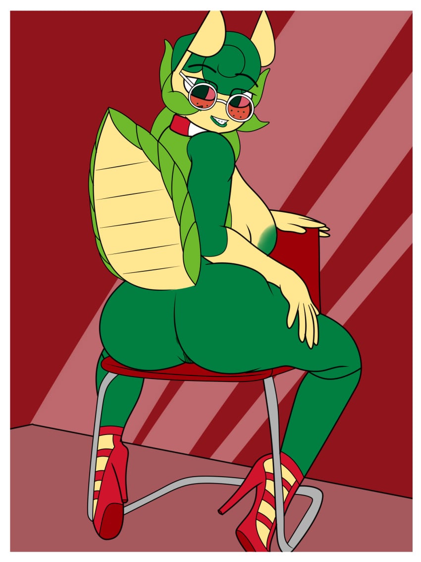 2023 antennae_(anatomy) anthro anus areola ass black_eyebrows border chair clothing collar collar_only eyebrow_through_hair eyebrows eyewear female floor footwear furniture generation_5_pokemon genitals green_anus green_areola green_body green_eyes green_hair green_pussy hair hi_res high_heels humanoid_hands leavanny looking_at_viewer looking_back looking_back_at_viewer multicolored_body nintendo nude on_chair pokemon pokemon_(species) pussy raised_tail red_background red_chair red_floor red_high_heels red_wall short_hair simple_background sitting sitting_on_chair solo sunglasses tail threesecondsback translucent translucent_hair two_tone_body wall_(structure) white_border yellow_antennae yellow_body