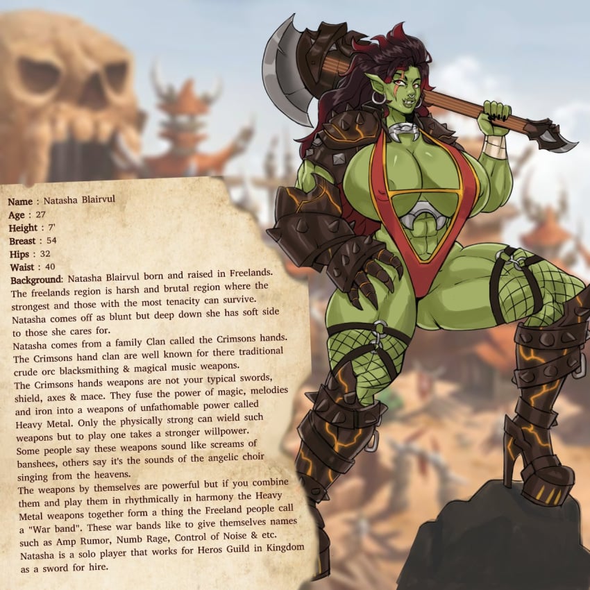 abs areolae biceps big_breasts bio black_hair boots breasts busty character_sheet cleavage derisyan earrings full_body gauntlets green_body green_skin hourglass_figure large_breasts long_hair muscles natasha_blairvul orc orc_female pointy_ears sideboob skimpy skimpy_clothes text waxensafe wide_hips