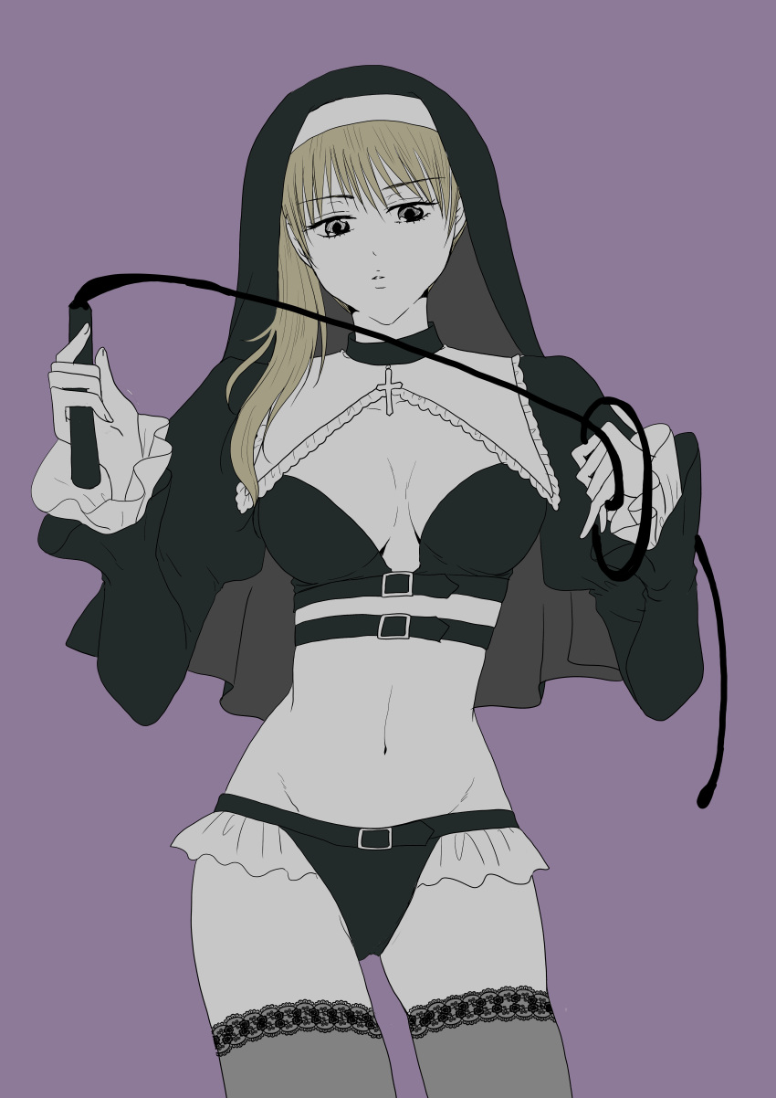 alternate_costume brown_hair canon_genderswap cleavage cross_necklace dominatrix female female_only frills genderswap_(mtf) gintama habit lace-trimmed_thighhighs licca_(artist) light_brown_hair long_hair looking_at_viewer medium_breasts nun nun's_habit okita_sougo okita_souko ponytail purple_background rule_63 shounen_jump side_ponytail solo thighhighs whip