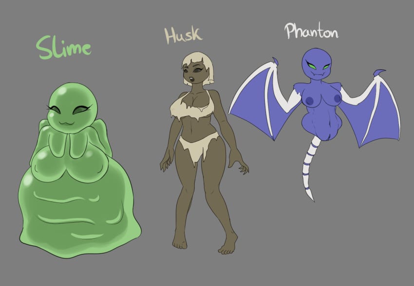 anthro big_breasts blackbetty breasts clothed clothing dark_body dark_skin female genitals group hair husk_(minecraft) looking_at_viewer microsoft minecraft mob_vote mojang nipples not_furry nude phantom_(minecraft) pussy simple_background slime_(minecraft) smile text thick_thighs trio wings xbox_game_studios