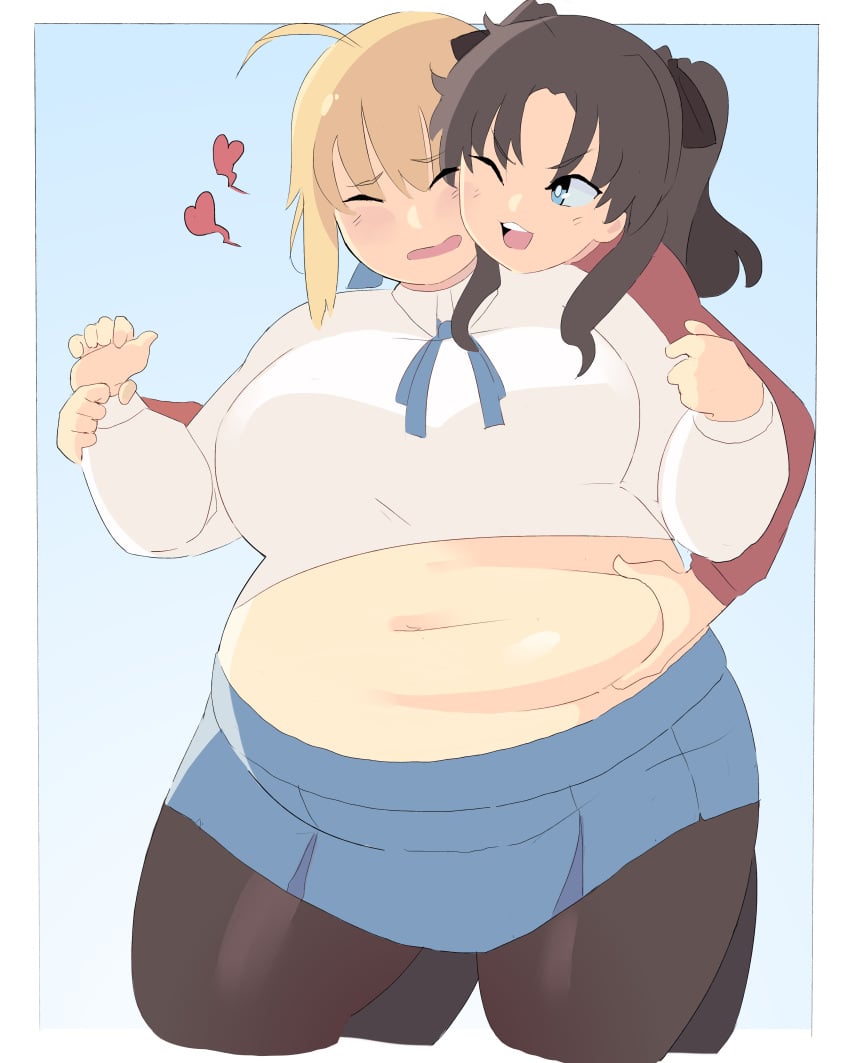 2girls ahoge artoria_pendragon belly_grab blonde_hair blue_eyes blush brown_hair chubby clothed clothing duharu embarrassed fat fate/stay_night fate_(series) female female_only fondling forced_presentation groping long_hair napolitane navel overweight plump saber tohsaka_rin twintails yuri