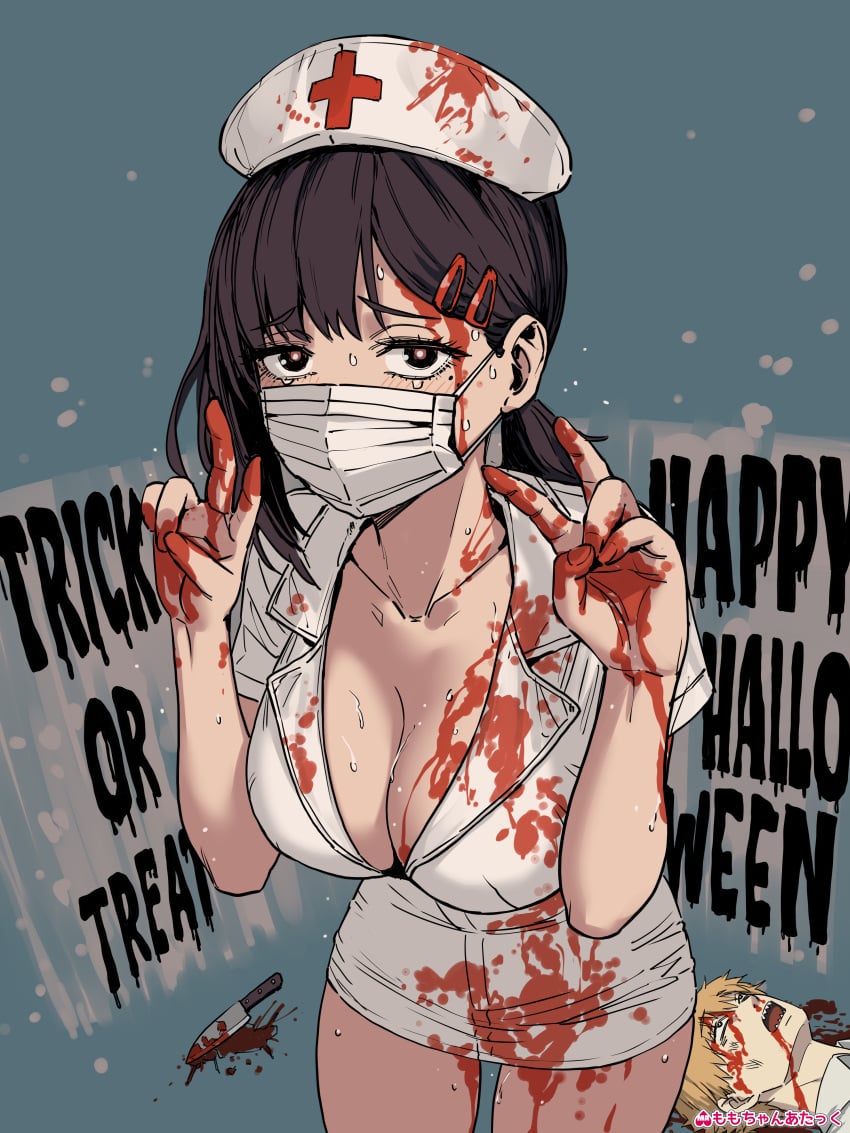 1girls big_breasts blush chainsaw_man cleavage covid-19_pandemic denji_(chainsaw_man) female female_only halloween higashiyama_kobeni light-skinned_female mappa mask nurse nurse_cap nurse_uniform thick_thighs trick_or_treat