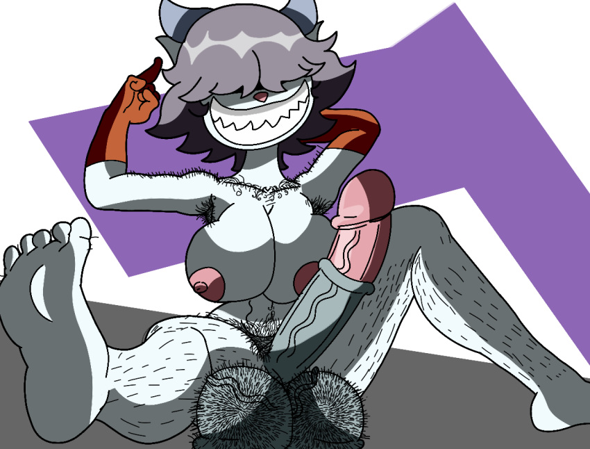 anthro bangs_over_eyes excessive_hair furry furu_flami futanari goat_horns hairy_armpits hairy_balls huge_balls huge_breasts huge_cock sharp_teeth solo