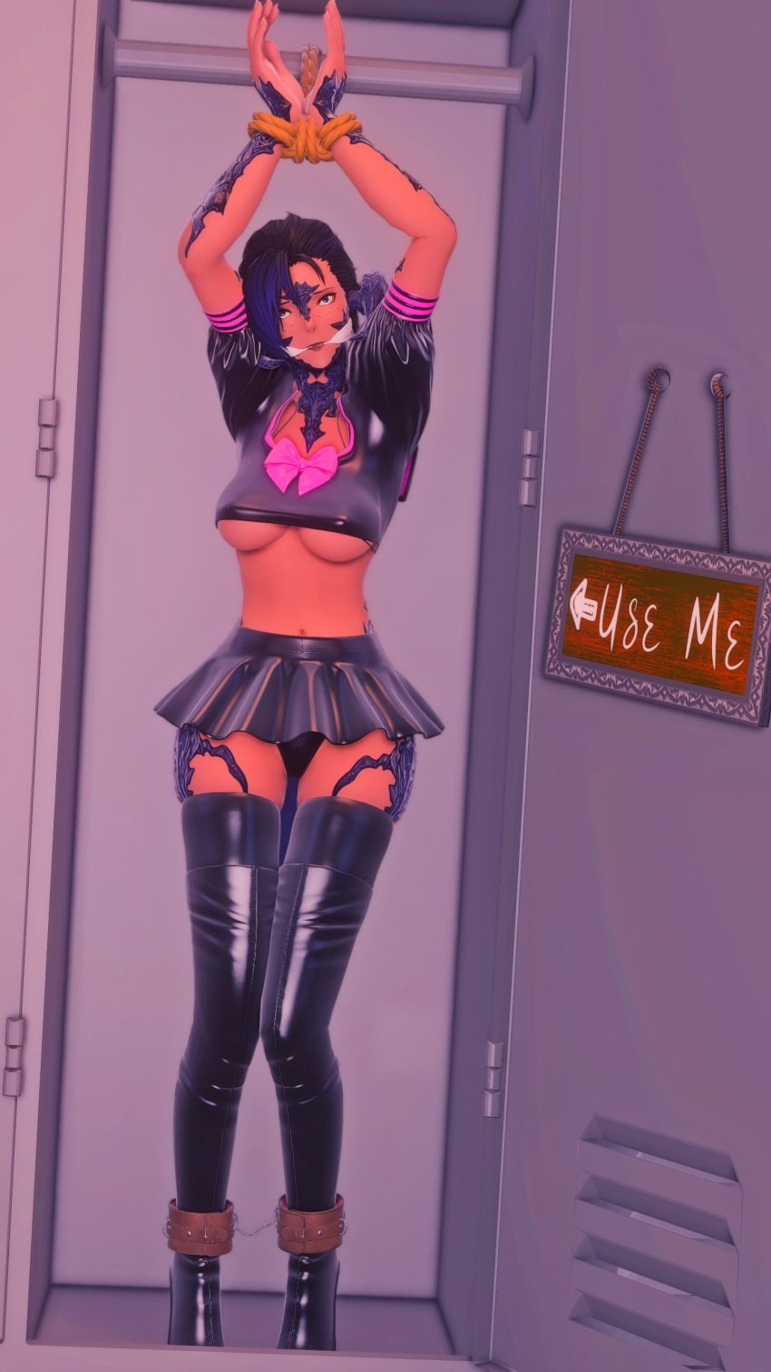 1girls ankle_cuffs arms_above_head au_ra bit_gag bondage breasts captured cuffs female femsub final_fantasy final_fantasy_xiv gag hands_up kidnapped kisa_kha latex locker locker_bondage locker_room looking_at_viewer rope rope_bondage school_uniform schoolgirl thighhighs xaela