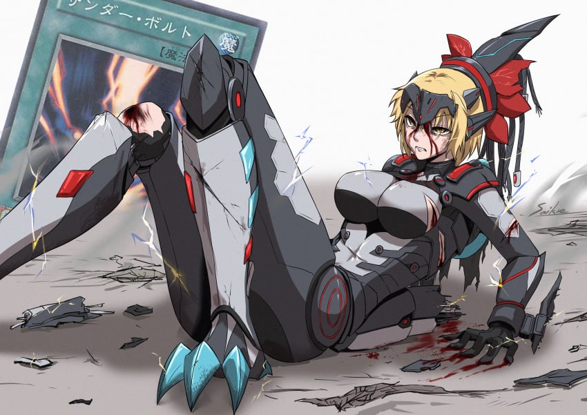 1girls bleeding blonde_hair blood broken_armor cuts defeated dinomorphia_kentregina dinosaur_girl duel_monster head_wound japanese_text monster_girl ryona yu-gi-oh!