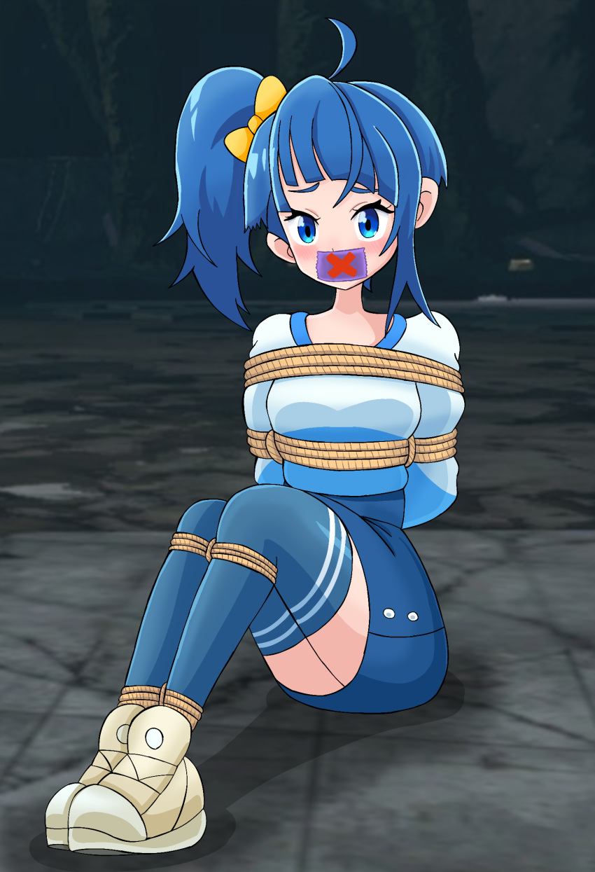 arms_tied_behind_back bad0gift blue_eyes blue_hair blush bondage bound_ankles bound_legs bow clothing gag gagged hirogaru_sky!_precure looking_at_viewer pretty_cure skirt sora_harewataru stockings tape_gag