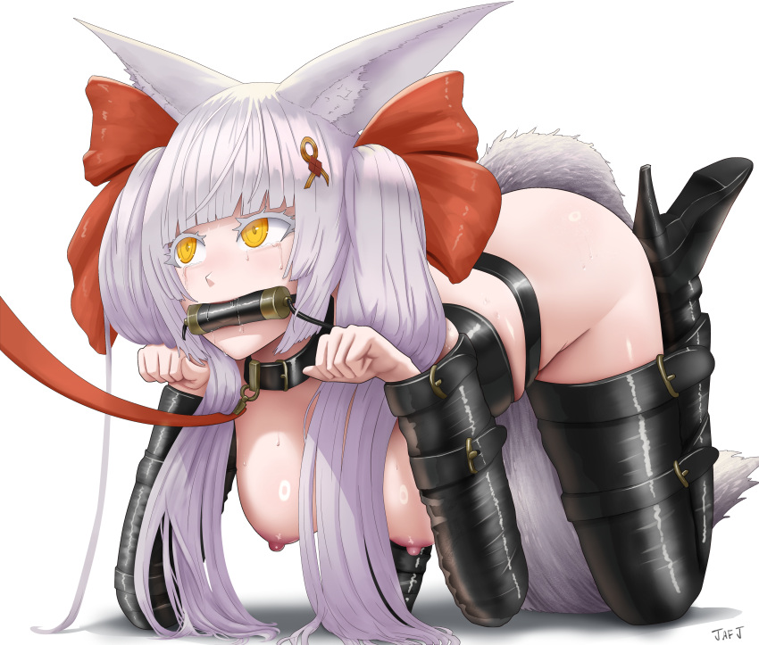 1girls animal_ears asanagi_(azur_lane) azur_lane bitchsuit bondage breasts collar dog_collar hair_ornament high_heels highres jafjart leash light-skinned_female light_skin mouth_gag petplay ribbon sagging_breasts sakura_empire_(azur_lane) shadow simple_background tail twintails white_background white_hair yellow_eyes