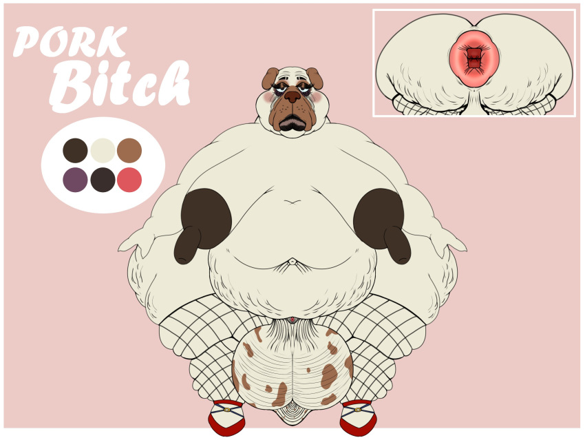 2023 anthro anus ass balls belly big_balls big_belly big_breasts big_butt big_nipples blush boxer_(dog) breasts brown_nipples bulldog canid canine canis cellulite clothed clothing colored crossdressing digital_drawing_(artwork) digital_media_(artwork) domestic_dog eyeshadow fishnet fishnet_legwear flat_colors footwear foreskin gaping gaping_anus genitals grannybase gynomorph hi_res high_heels huge_balls huge_breasts huge_butt hyper hyper_balls hyper_belly hyper_breasts hyper_butt hyper_genitalia intersex legwear lips long_nipples makeup male mammal mastiff mature_anthro mature_gynomorph mature_intersex micropenis model_sheet molosser morbidly_obese navel nipples nude obese old overweight overweight_male penis porkbitch_(grannybase) simple_background sketchdragone small_penis solo spots text thick_lips thick_thighs white_body wide_hips