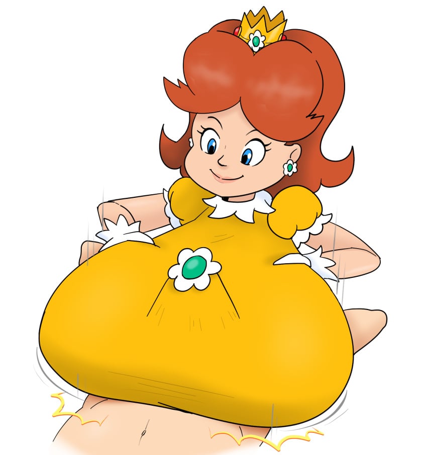 1boy 1girls alternate_breast_size blue_eyes breasts brown_hair clothed clothed_female_nude_male clothing female godalmite huge_breasts male mario_(series) nude paizuri paizuri_under_clothes princess_daisy simple_background white_background