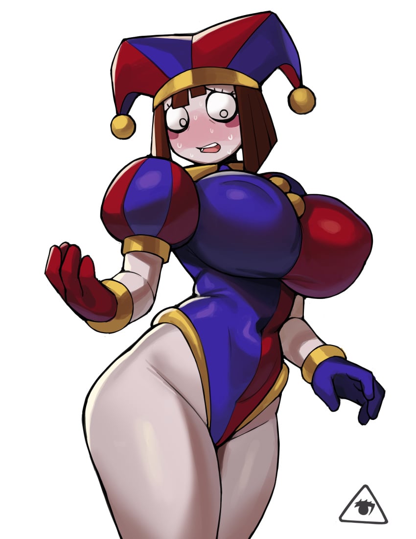 1girls 2023 2d 2d_(artwork) 2d_artwork alternate_breast_size big_breasts big_thighs blush blushing breasts brown_hair donburikazoku female glitch_productions gloves gooseworx grey_skin hat hi_res highleg_leotard huge_breasts jester jester_cap jester_costume jester_girl jester_hat jester_outfit leotard looking_down pomni_(the_amazing_digital_circus) short_hair sweat sweatdrop sweating tagme the_amazing_digital_circus thick_thighs white_body