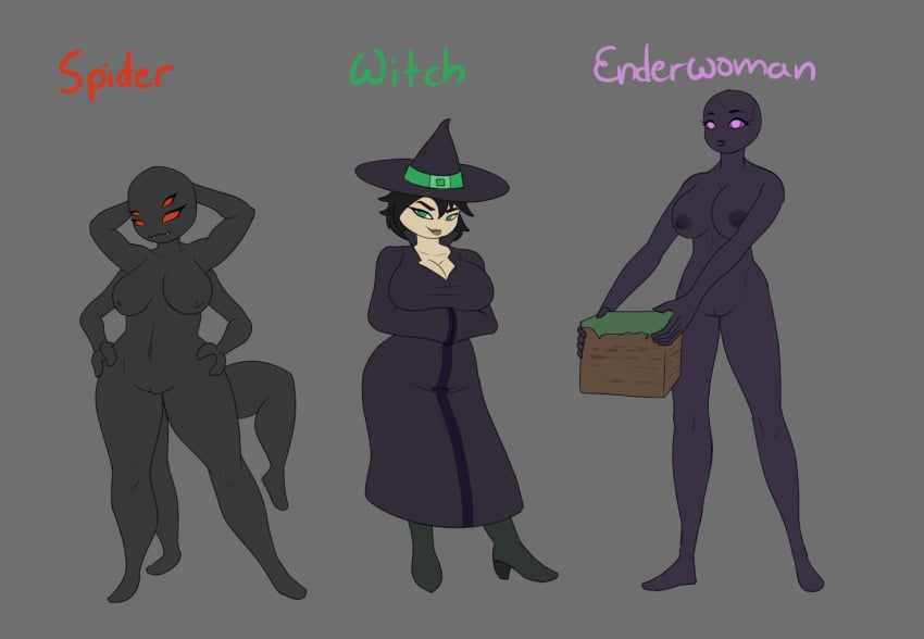 anthro big_breasts blackbetty breasts clothed clothing enderwoman female genitals group hair looking_at_viewer microsoft minecraft mojang nipples not_furry nude pussy simple_background smile spider_(minecraft) text thick_thighs trio witch_(minecraft) xbox_game_studios