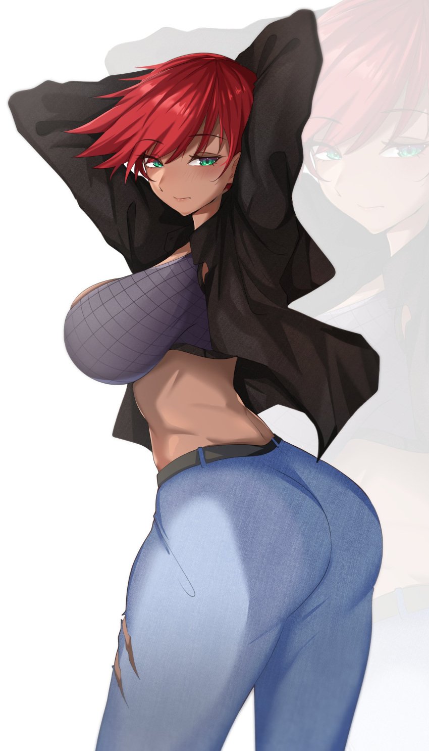 1girls arms_behind_head arms_up ass belt breasts crop_top dark-skinned_female embarrassed fishnets green_eyes hair_between_eyes huge_ass huge_breasts jeans lyra(itsnafulol) red_hair ripped_jeans short_hair sweater tomboy vank0art