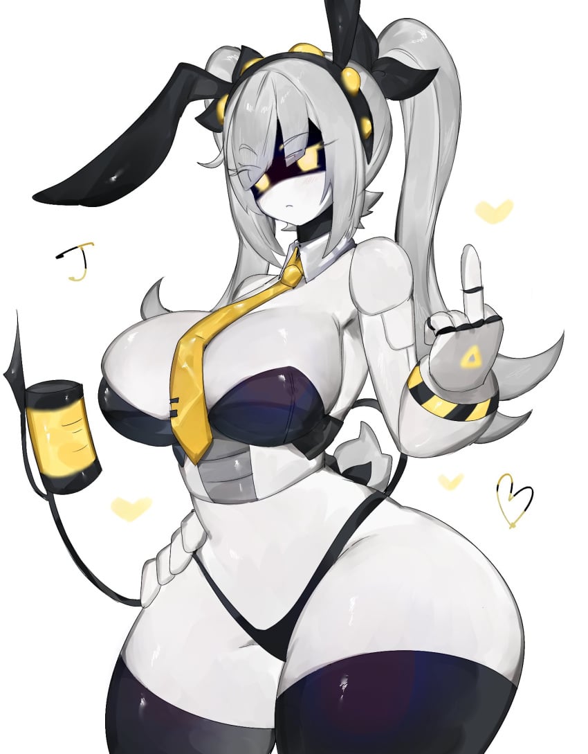 big_breasts big_thighs breasts bunny_ears bunnysuit cleavage clothing drone female female_only gray_hair heart high_thighs huge_breasts huge_thighs j_(murder_drones) looking_at_viewer middle_finger murder_drones panties robot robot_girl tagme tail thick_thighs tie toge77789 togetoge white_body wide_hips yellow_eyes