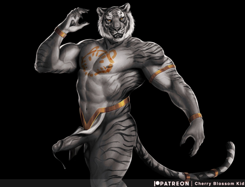 anthro bodily_fluids cherry_blossom_kid chest_tattoo clothed clothed/nude clothing cum excited felid feline genital_fluids genitals hi_res horn humanoid humanoid_genitalia male mammal muscular nude pantherine partially_clothed solo tattoo tiger