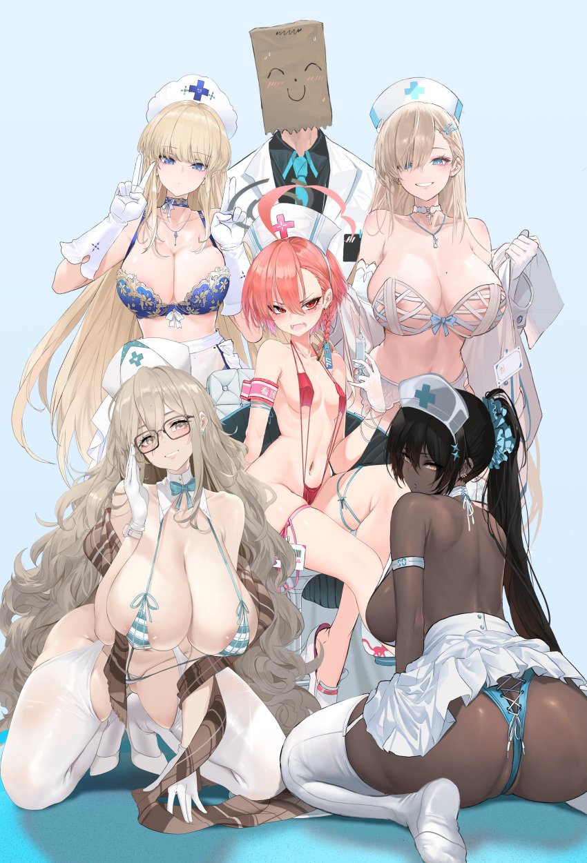 1boy 5girls akane_(blue_archive) asuna_(blue_archive) bikini black_hair blonde_hair blue_archive blue_eyes breast_envy breast_size_difference breasts brown_eyes brown_hair chocolate_and_vanilla cleaning_&_clearing_(blue_archive) dark-skinned_female dark_skin dishwasher1910 female glasses gloves hair_over_one_eye huge_breasts karin_(blue_archive) large_ass large_breasts light-skinned_female light_skin lingerie long_hair male mask_bikini millennium_science_school_student neru_(blue_archive) nurse nurse_cap paper_bag_on_head png red_eyes red_hair sensei_(blue_archive) short_hair sling_bikini small_breasts toki_(blue_archive) yellow_eyes