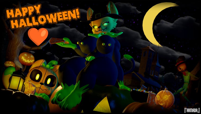 3d 3d_(artwork) anthro armada_(artist) big_breasts black_body candy cat_ears cat_girl cat_humanoid cat_tail catgirl chocolate church crescent_moon furry garry's_mod green_feet green_hands green_pubic_hair halloween happy_halloween holding_candy lantern nipple_piercing nipples pierced_nipples piercing piercings pubes pumkat pumpkin scarecrow sitting_on_pumpkin stars witch_hat