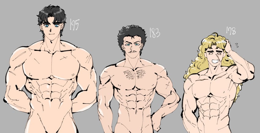 3boys jojo's_bizarre_adventure jonathan_joestar male male/male/male male_only meonji muscular_male no_visible_genitalia nude_male pecs phantom_blood robert_edward_o_speedwagon size_difference william_antonio_zeppeli